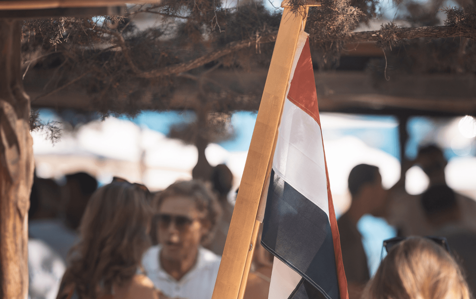 A tricolor flag on a wooden pole next to a tree, with people blurred in the background, giving a casual outdoor social setting.