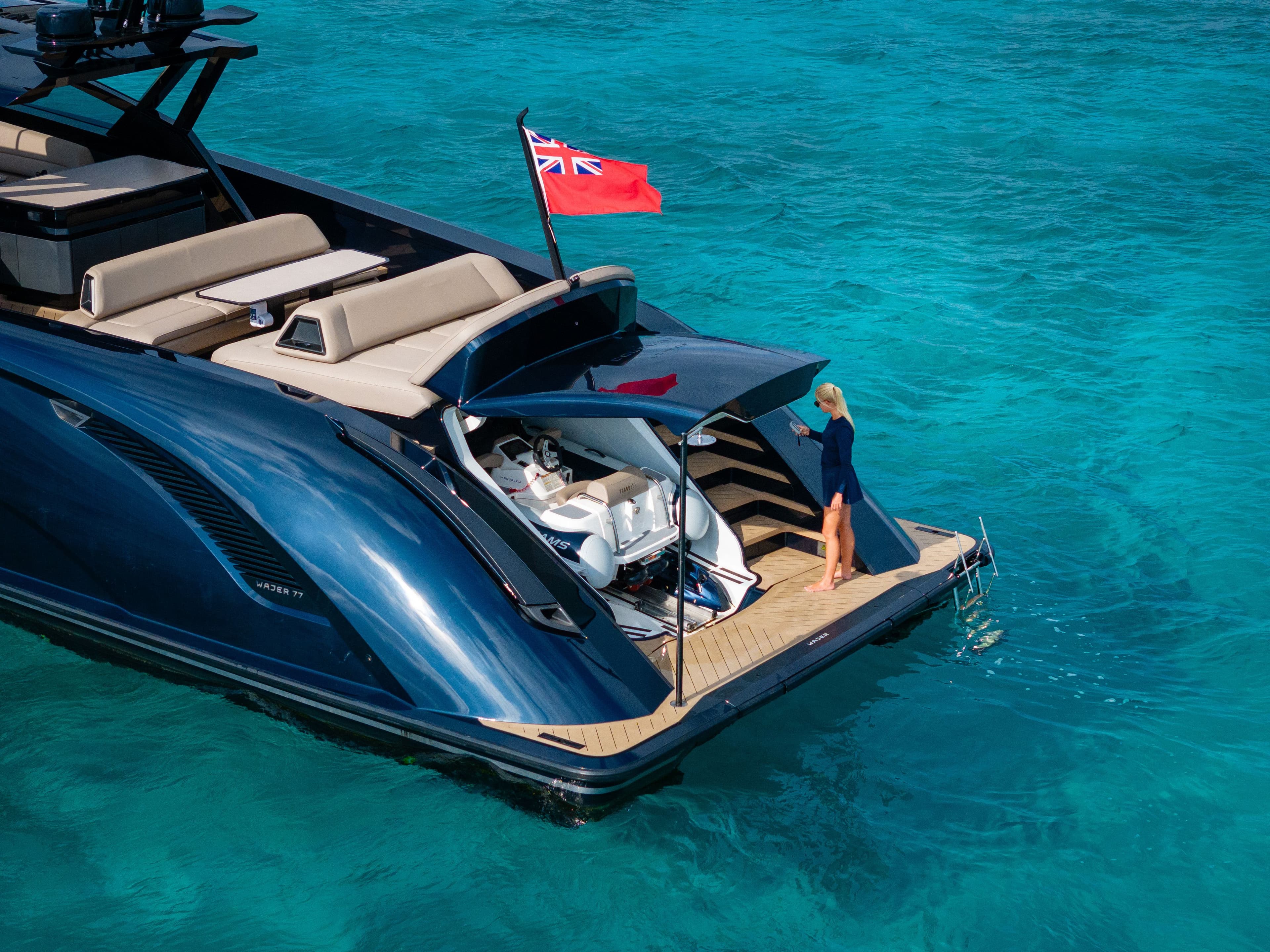 Wajer 77 Double U aft deck williams jet tender hatch hood stairs swim platform