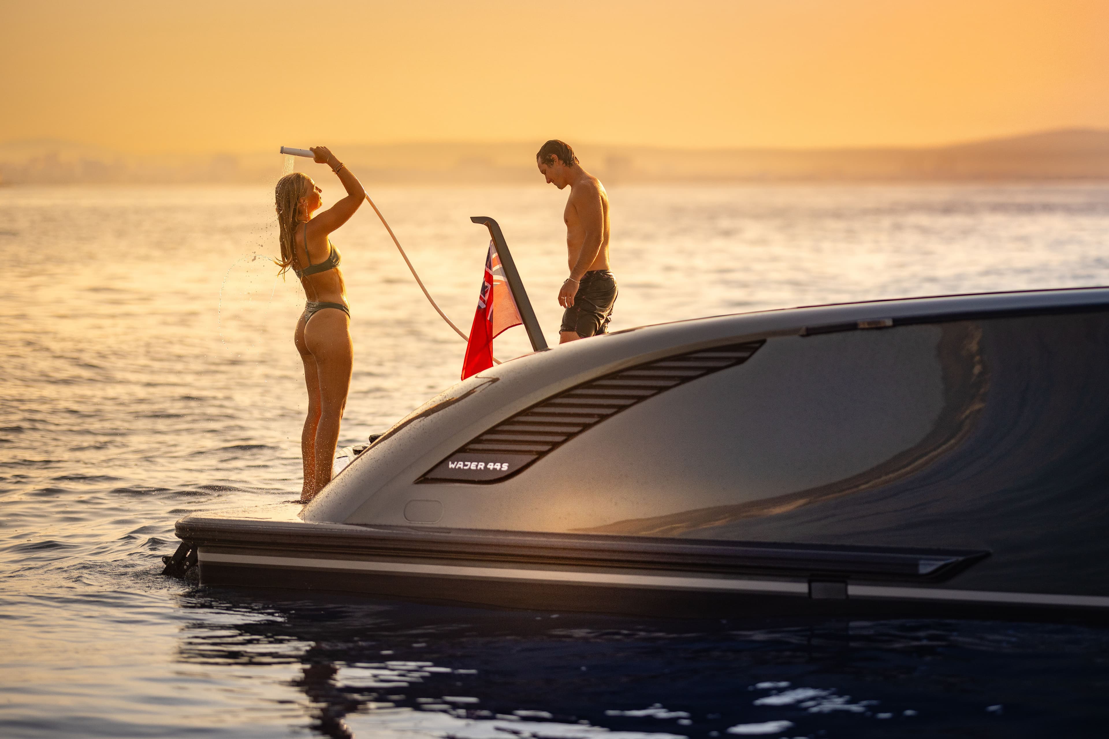 Wajer 44 S camouflage aft swim platform two people shower